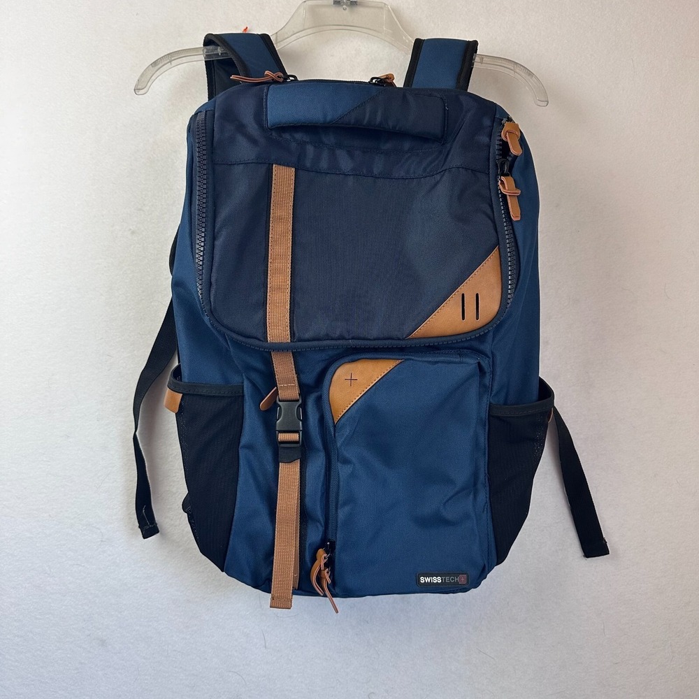 SwissTech Excursion Backpack Navy Blue Tan Laptop Compartment Outdoor Travel Bag